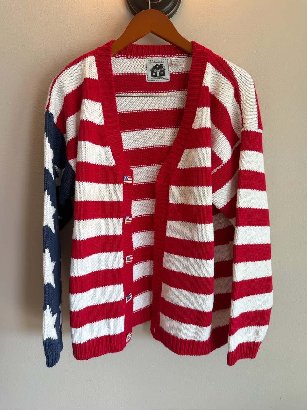 Storybook Knits American Flag Cardigan Sweater Red White Blue Stars Stripes M